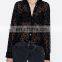 Long Sleeve Heart Pattern Black Sheer Button Blouse Womens