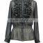 Women unique design hot sale stand collar long sleeve ruffle front button chiffon black tops plus size