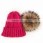 Myfur Hot Pink Ladies Winter Fashion Wool Knitting Hat with Dyed Raccoon Fur Bobble