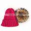 Myfur Hot Pink Ladies Winter Fashion Wool Knitting Hat with Dyed Raccoon Fur Bobble