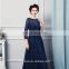 Navy Blue Long Bridesmaid Dresses High Quality Lace Floor Length 3/4 Long Sleeves Sheer Illussion Corset Brides Maid Vestidos De