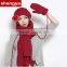 2015 new design warm cable needle three-piece suit knitted beanie hat with pompom