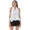 TWOTWINSTYLE Women Shirt Halter Sleeveless Backless Short Blouse Patchwork Bowknot Slim