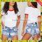 Ladies stretchy cuffed short trousers blue printed mini jean shorts for womens high cut patterned denim jeans