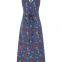 Vestido casual longo com gola em V, estampa floral azul com temperamento francês, sem mangas, vestido feminino 2025