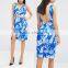 Ladies clothing beautiful backless new cut out blue satin fabric digital print dress