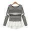 Autumn latest design round neck ivory long sleeve chiffon stitching knitting striped printing t shirt design