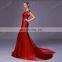 Amazing Beaded Cap Sleeves Flowing Lace Sequins Long Train Red Mermaid Evening Dresses China 2015