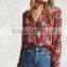 Woman Long Sleeve Stand-up Collar Button Down Floral Chiffon Blouse