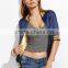 Women Custom Back Embroideried Zip Up Coat Striped Half Sleeve Satin Bomber Jacket Navy Blue