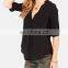 CHEFON Black woven fabric deep v neck blouse women shirt model