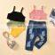 New children's clothing solid color sling striped top + European and American wind hole open bag jeans kids suit