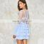 Violet blue sheer tulle layered dresses with embroidery bell sleeve women dress