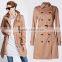 OEM Women Winter Long Sleeve Pure Cotton Belted Long Brown Trench Coat with Stormwear