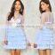Violet blue sheer tulle layered dresses with embroidery bell sleeve women dress