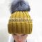 RRKB022 Mink fur pom pom knitted beanie Fashion genuine silver fox fur ball knit hat