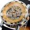 Winner Men Leather Gold Dial Skeleton Mechanical Watch