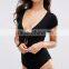 Women Sexy Cut Out Bodysuit With Knot Front In Rib Plain One Piece Cap Sleeve Cheap Price