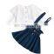 New children's wear pure white lace lace top denim suspender skirt Two Piece Set Princess Girl
