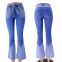 Retro high waist two-color stitching belt women's denim flared pants
