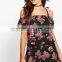 Ruffled Rompers Dark Floral Print Off The Shoulder Playsuit Womens Sexy Onesie Jumpsuit