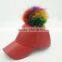 Women pink faux leather hat with 15cm raccoon fur pompoms New design colorful sport snapback baseball caps