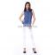 Denim Leather Stitching Button Front Sleeveless Shirt Top Blouse