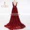 Newest Fashion Low V Backless Gold Metal Belt V Neckline Sequined Beaded Tulle Burgundy Long Evening Dresses 2016