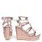 Women rose gold nappa wedge heel with studded detail, ankle strap & rope trim ankle double strap sandals shoes
