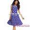 Classic Wholesale Blue Polka Dot Bohemain Print Latest Office Dress With Keyholes