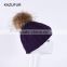 High quality wool knitted beanie hat with big raccoon fur ball on top for ladies KZ160075