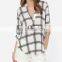 CHEFON Roll tab half sleeve deep v neck plaid print fashion patterns of chiffon blouses