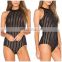 MiKa72167 Fashion Women Clothes Black Striped Ribbed Knit Halter Bodysuit for Summer