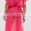 Summer New Style Pink Plain Split Front Deep V Neck Chiffon Maxi Beach Kaftan with Self Belt