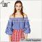 2017 OEM Spring Cute Pleated Vertical Stripes Off Shoulder Blouse