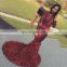 New Fashion Elegant Red Lace Jewel Sweep Train Mermaid Sequins Appliqued Long Prom Dress Evening Dress
