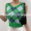 Women New Arrival Plaid Knitted Vintage Contrast V Neck Knitwear Sweater Tank Top