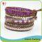 Pink Stone Bead Mix Heart Charm Brown Genuine Leather Wrap Bracelet