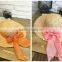 Women character brimmed straw hat with bowknot summer beach cap