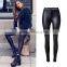 2016 Autumn Fashion Women Metal Button Zipper PU Coating Motorcycle Pants Ladies High Waist Skinny Black Sexy Leather Leggings