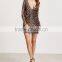 OEM Service Fashion Luxury Long Sleeve Mini Dress Deep V Neck Bodycon Dress Gold Beaded Sequins Club Dresses For Adults