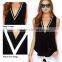2016 Black Sexy Deep V-neck Woman Tops Fashion Ladies T-shirt With Patchwork Design Quality Choice
