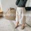 6141/Spring newest cotton and linen straight middle pants for girls loose cropped trousers