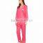 Contrast Piping Long Sleeves Pyjamas Set Notched Collar Left Chest Pocket Pink Silk Satin Sleepwear
