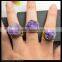 LFD-0016R ~Fashion Jewelry Gold Plated Nature Amethyst Quartz Rings, Crystal Rhinestone Paved Gems Druzy Ring Adjustable Size