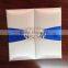 Hot sale high quality elegant silver silk folio wedding invitations with blue ribbons & crystal brooches