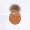 Custom striped beanie knitted hats with fur ball on the top for women winter warm