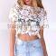 100% Polyester short sleeve round neck crop top,elegant fashion lace top