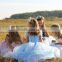 LBFG14 Aqua Blue Crepe Ball Gown Wedding Party Dress Flower Girl Dress Short Sleeve Girl Dress with Belt for Weddings