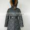 women polyester fabric duck down feather diamond puffer quilted real fur hooded jacket